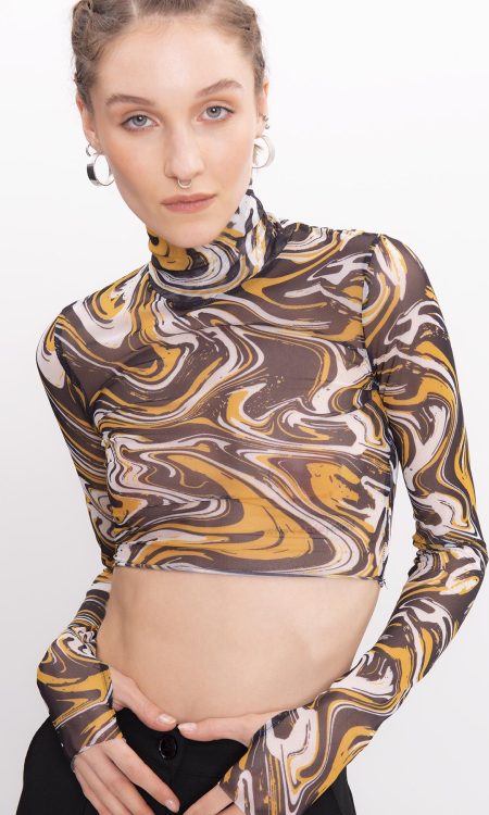 BSL 17396 Tül Dik Yakalı Crop Body