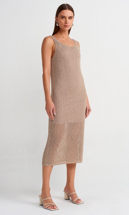 Dilvin 90206 Askılı Ajurlu Astarlı Triko Elbise