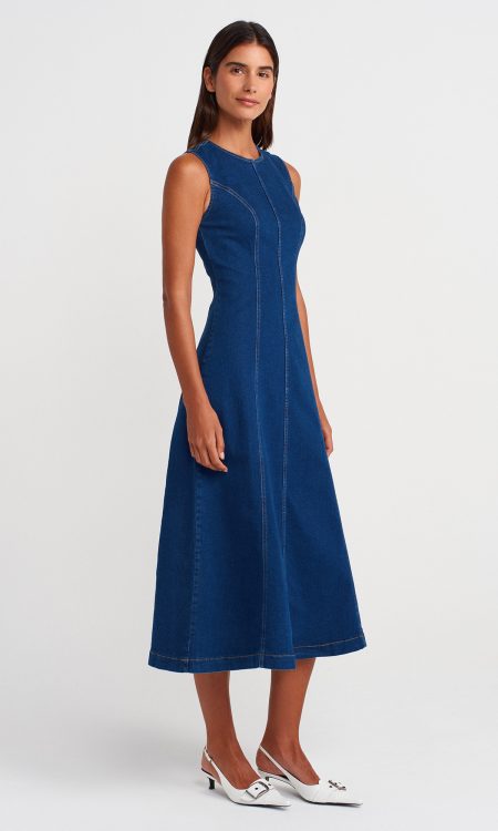 Dilvin 90553 Likralı Uzun Denim Elbise-Mavi