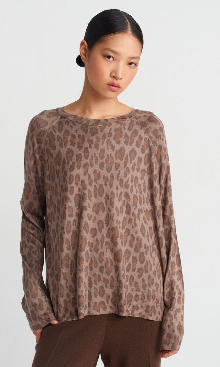 Dilvin 10666 Bisiklet Yaka Leopar Baskılı Triko Kazak