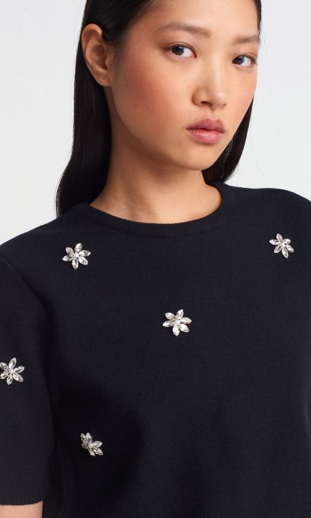 Dilvin 10683 Bisiklet Yaka El İşi Taş İnci Nakışlı Triko Kazak