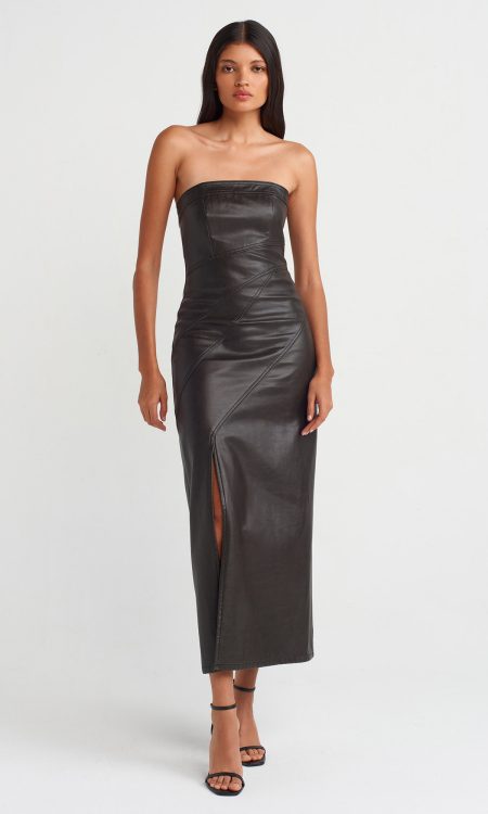 Dİlvin 90813 Dikiş Detaylı Straplez Suni Deri Elbise