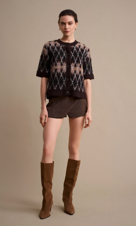 Dilvin 61000 Yün Karışımlı Baklava Desenli Triko Hırka-Acı Kahve