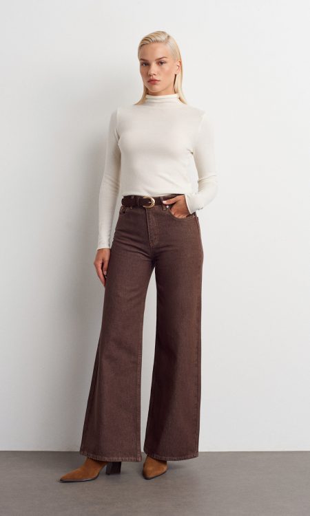 Dilvin 72033 Geniş Kalıp Renkli Denim Pantolon-Kahve