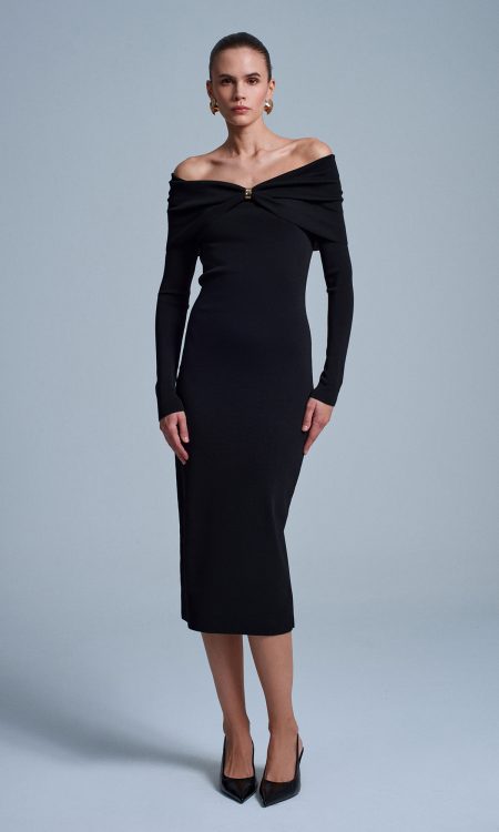 Dilvin 90261 Omzu Açık Fiyonk Detaylı Triko Elbise