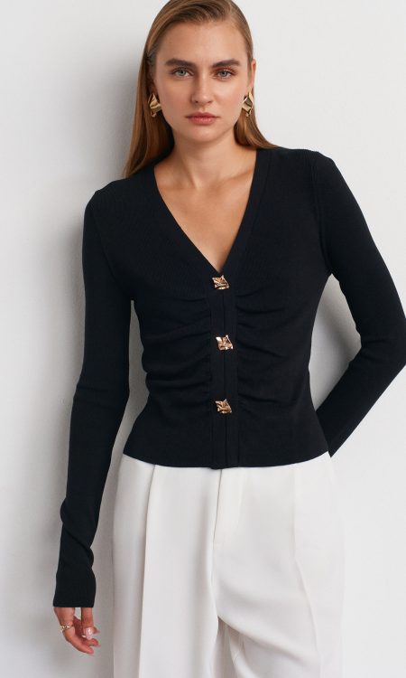 Dilvin 10805 V Yaka Düğmeli Kazak-Siyah