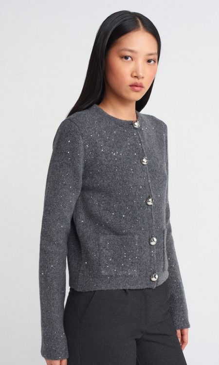 Dilvin 60935 Cep Detaylı Parıltılı Triko Hırka