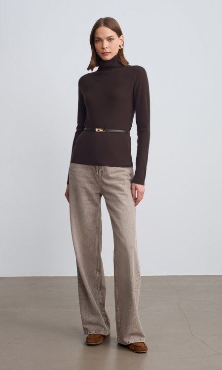 Dilvin 10861 Kaşmir Karışımlı Kemerli Kazak-Koyu Kahve