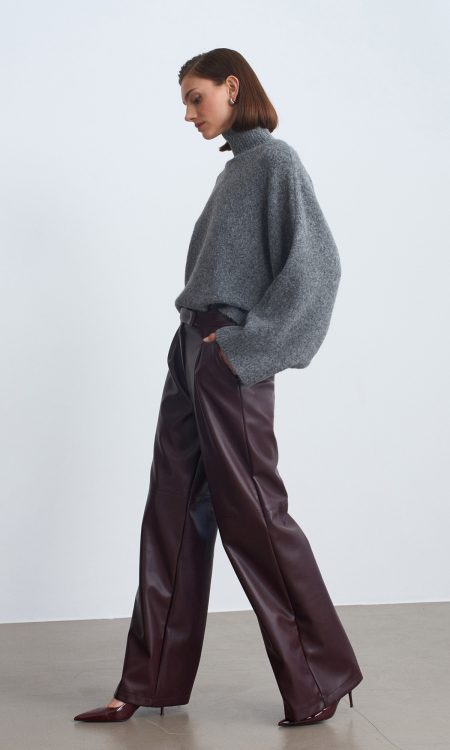 Dilvin 72238 Suni Deri Paçası Geniş Pantolon-Bordo