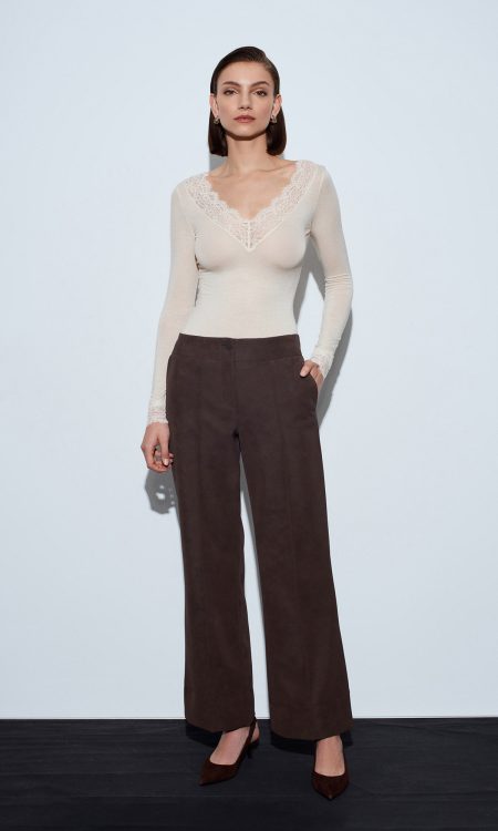 Dilvin 72252 Dikiş Detaylı Süet Görünümlü Pantolon-Kahve