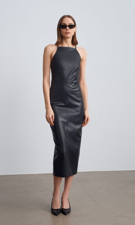 Dilvin 90935 Suni Deri Midi Elbise-Siyah