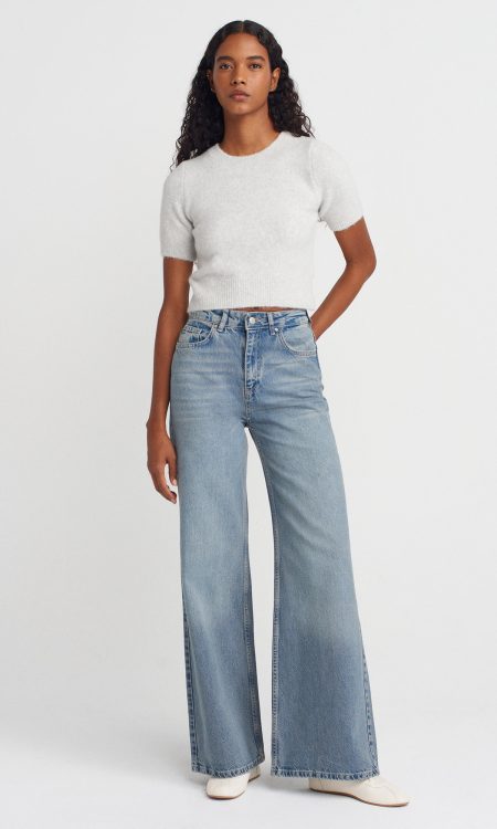 Dilvin 72039 %100 Pamuk Dökümlü Geniş Denim Pantolon-Mavi