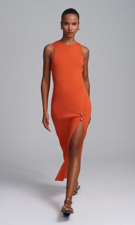 Dilvin 90255 Aksesuar Detaylı Yırtmaçlı Triko Elbise